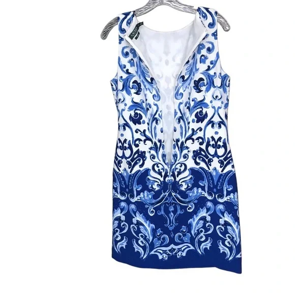 Ralph Lauren dress sz 10 sleeveless midi blue white artisan print classy elegant - Picture 3 of 11